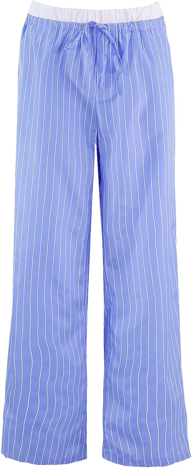 Women Striped Pants Fake Two-Piece High Waist Drawstring Straight Leg Trousers with Pockets