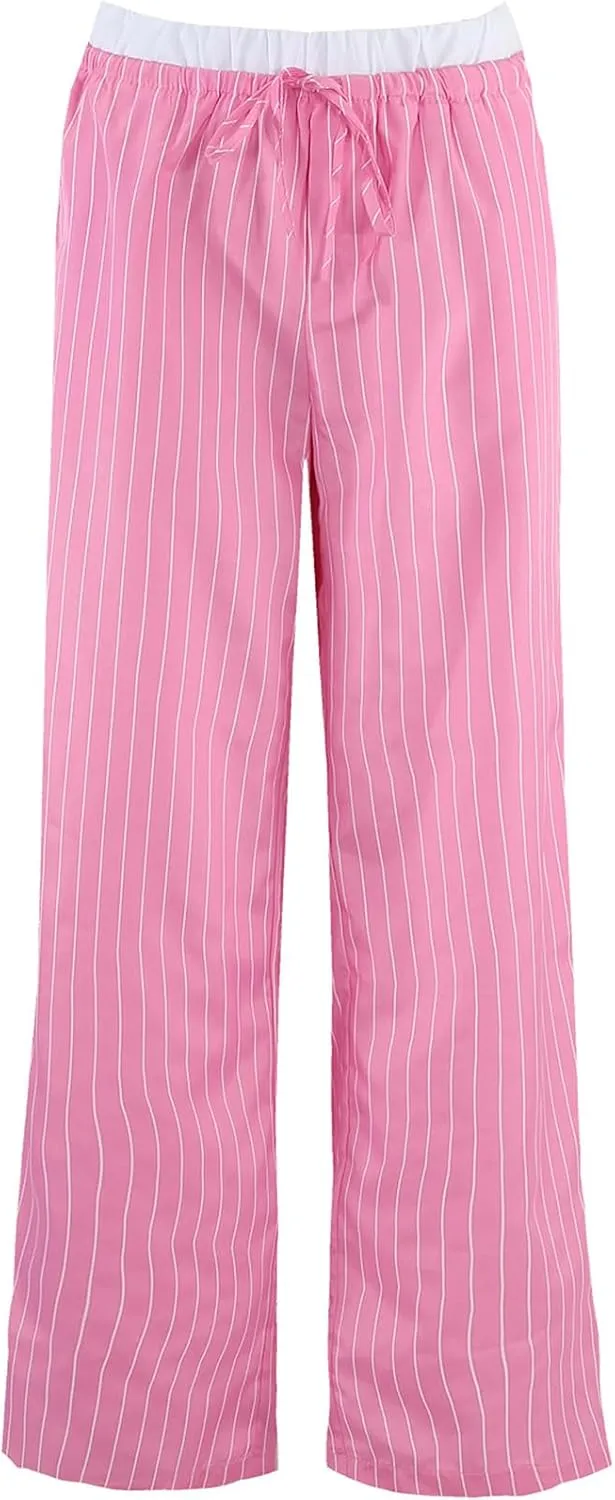 Women Striped Pants Fake Two-Piece High Waist Drawstring Straight Leg Trousers with Pockets