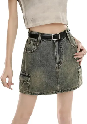 Women Style Vintage Distressed High-Waisted Slimming Denim Mini Dress A- Line Skirt Slimming with Inner Lining Denim Skirt