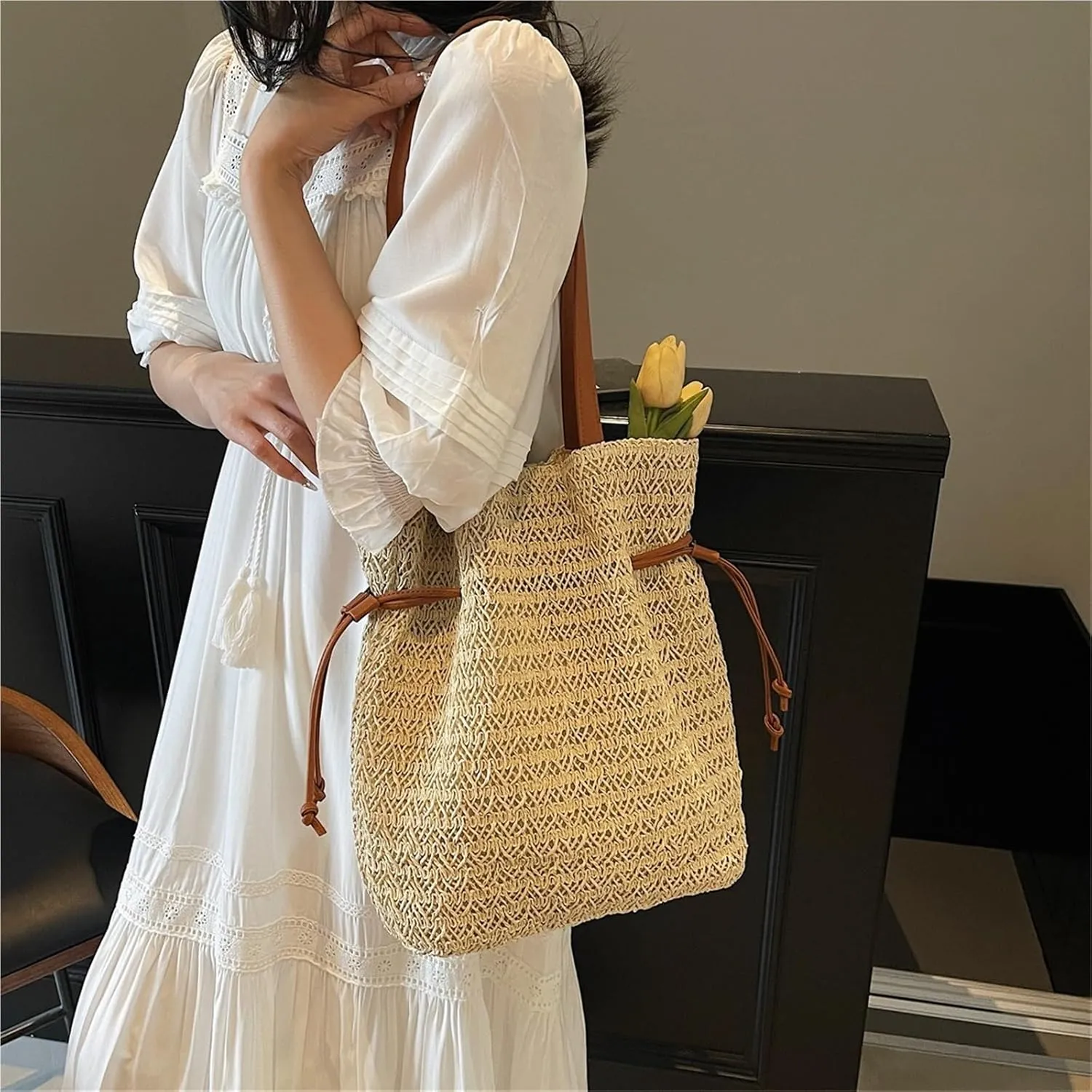 Women Stylish Knit Shoulder Large Capacity Drawstring Armpit Pleated Handbag Travel Shopping Beach Bag