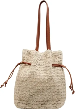 Women Stylish Knit Shoulder Large Capacity Drawstring Armpit Pleated Handbag Travel Shopping Beach Bag