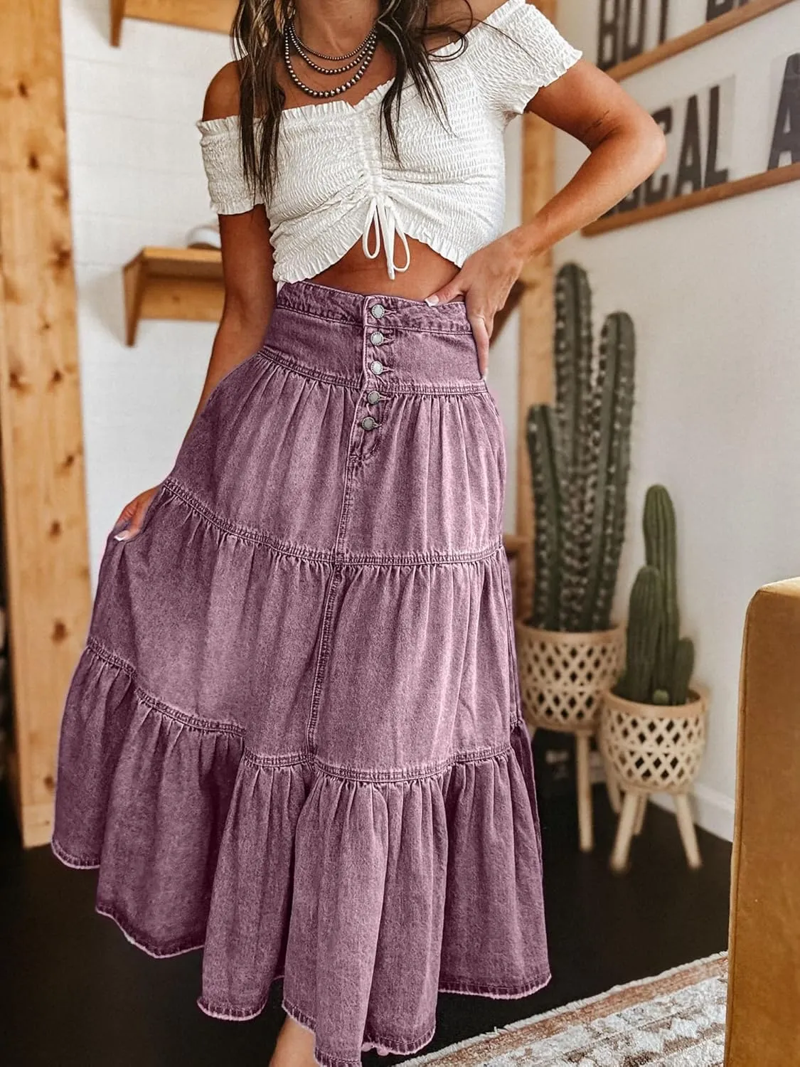 Women Summer Denim Maxi Skirt High Waist Button Pleated Tiered Ruffle Swing A-Line Jean Long Skirt Club Streetwear