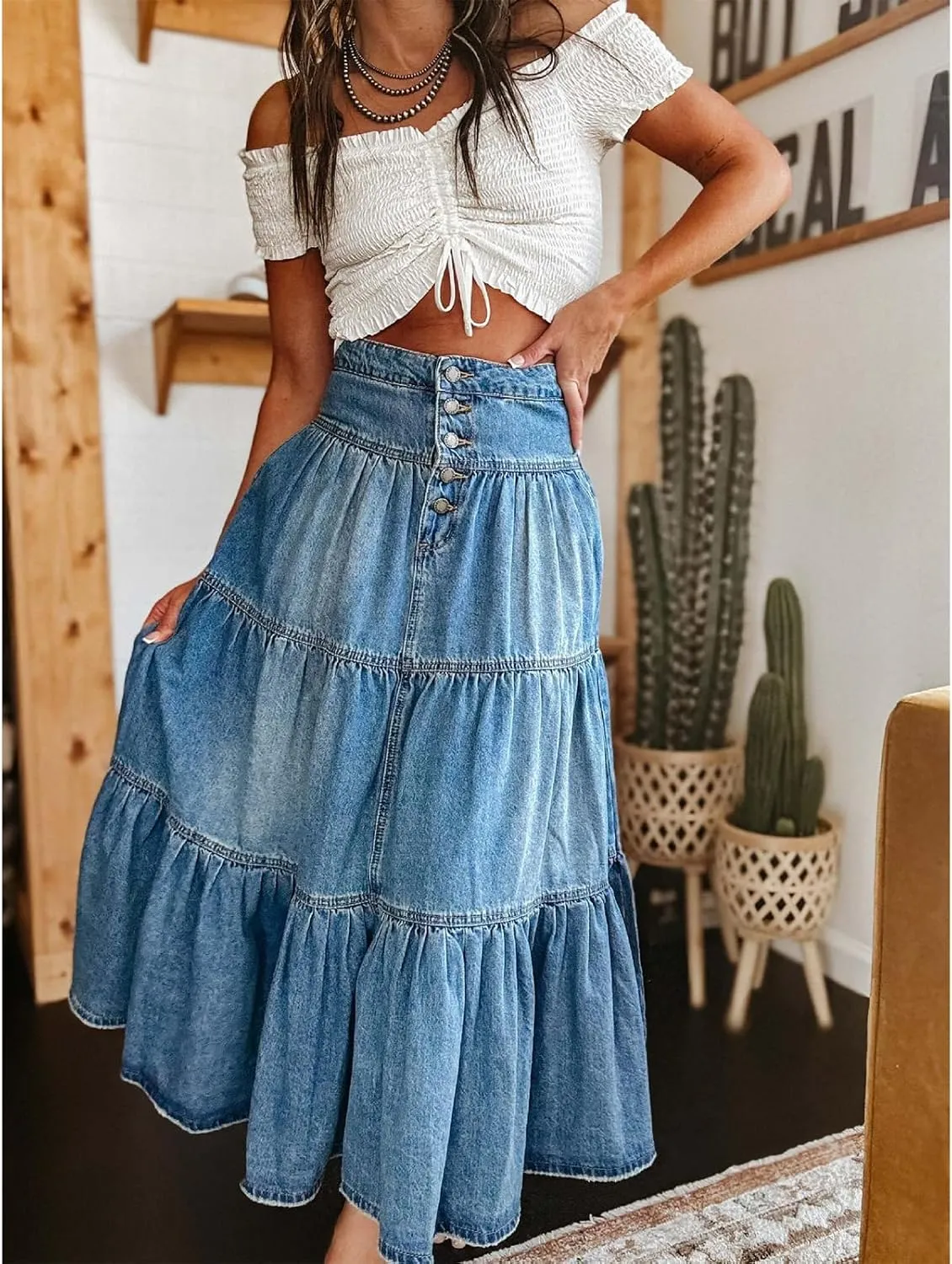 Women Summer Denim Maxi Skirt High Waist Button Pleated Tiered Ruffle Swing A-Line Jean Long Skirt Club Streetwear