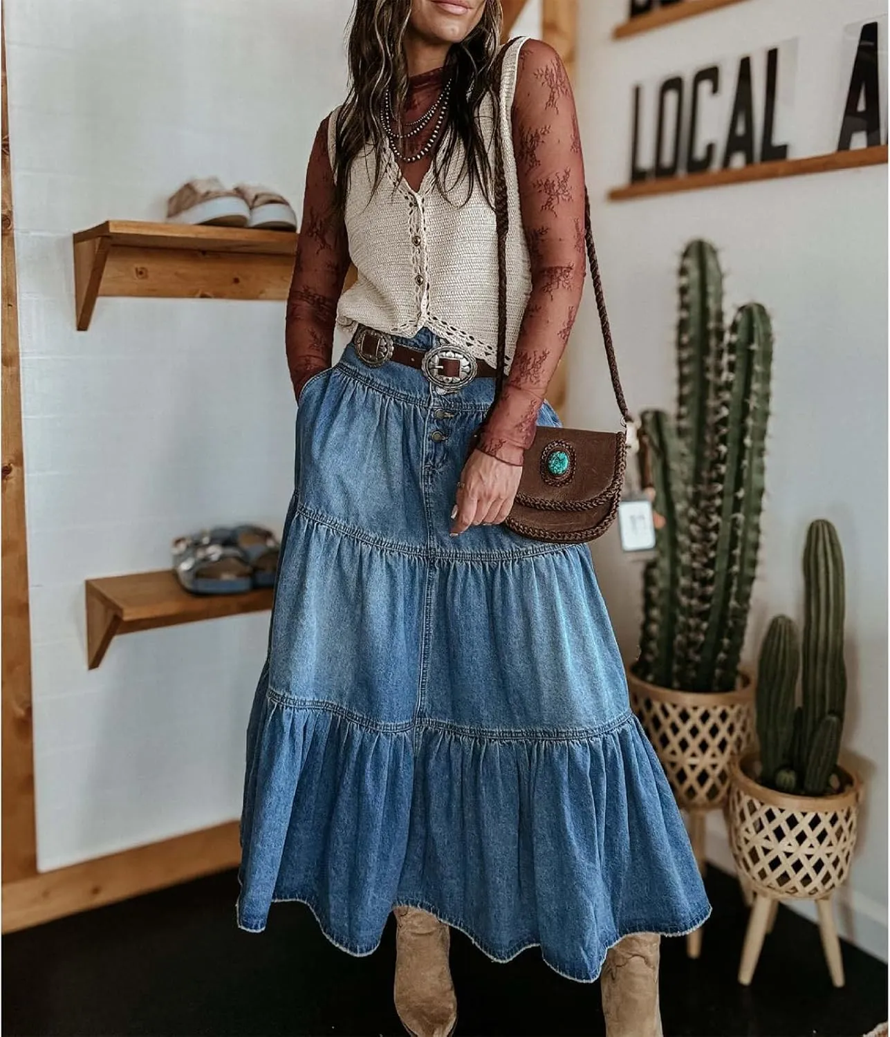 Women Summer Denim Maxi Skirt High Waist Button Pleated Tiered Ruffle Swing A-Line Jean Long Skirt Club Streetwear