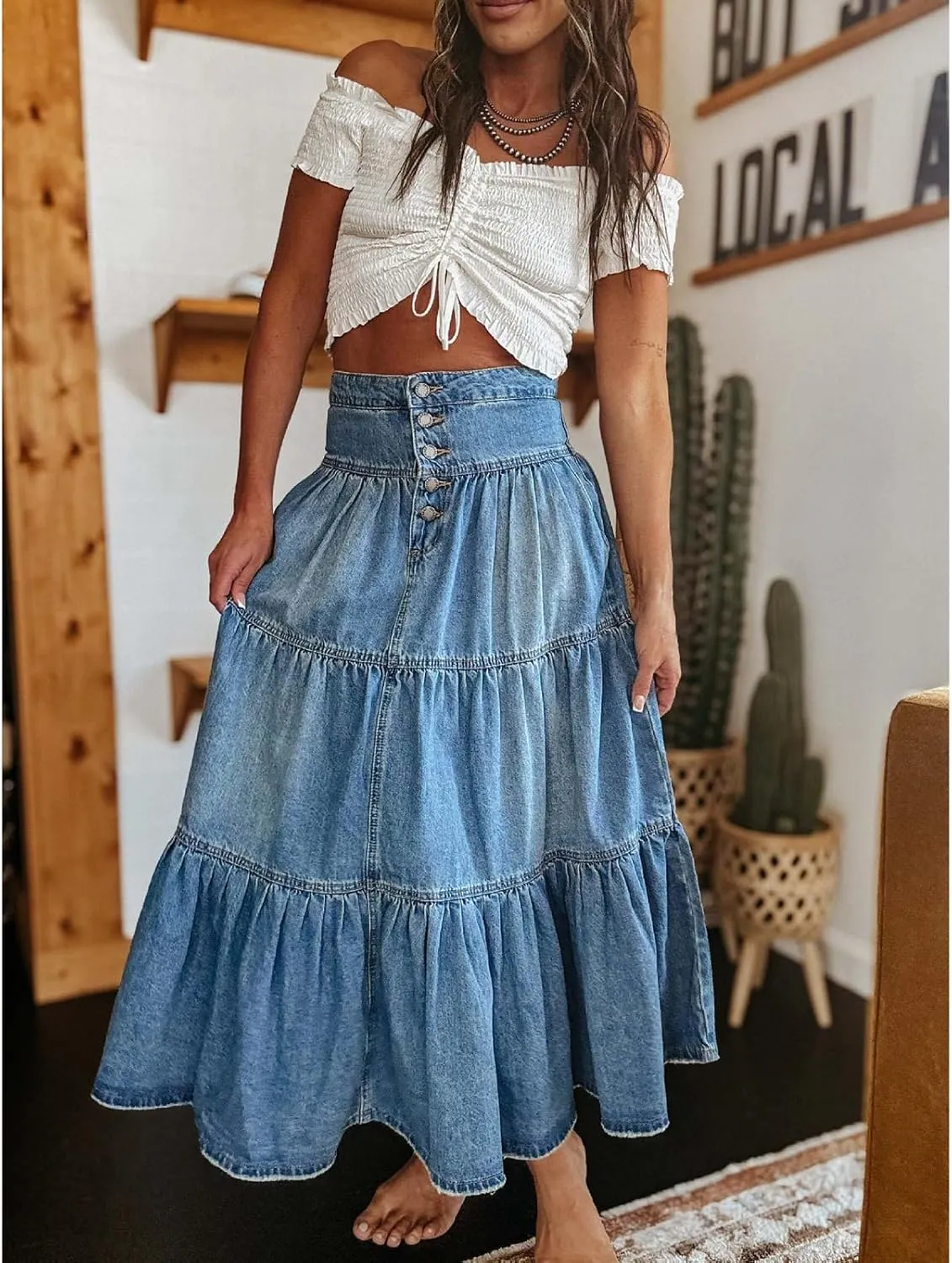 Women Summer Denim Maxi Skirt High Waist Button Pleated Tiered Ruffle Swing A-Line Jean Long Skirt Club Streetwear
