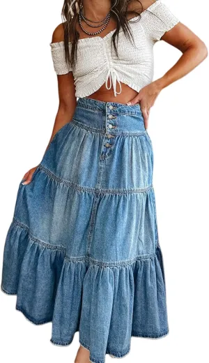 Women Summer Denim Maxi Skirt High Waist Button Pleated Tiered Ruffle Swing A-Line Jean Long Skirt Club Streetwear