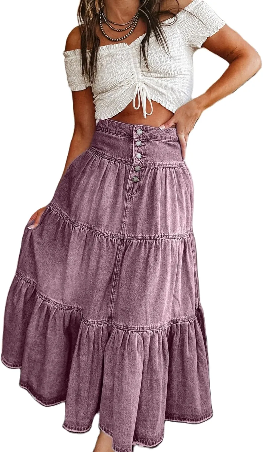 Women Summer Denim Maxi Skirt High Waist Button Pleated Tiered Ruffle Swing A-Line Jean Long Skirt Club Streetwear