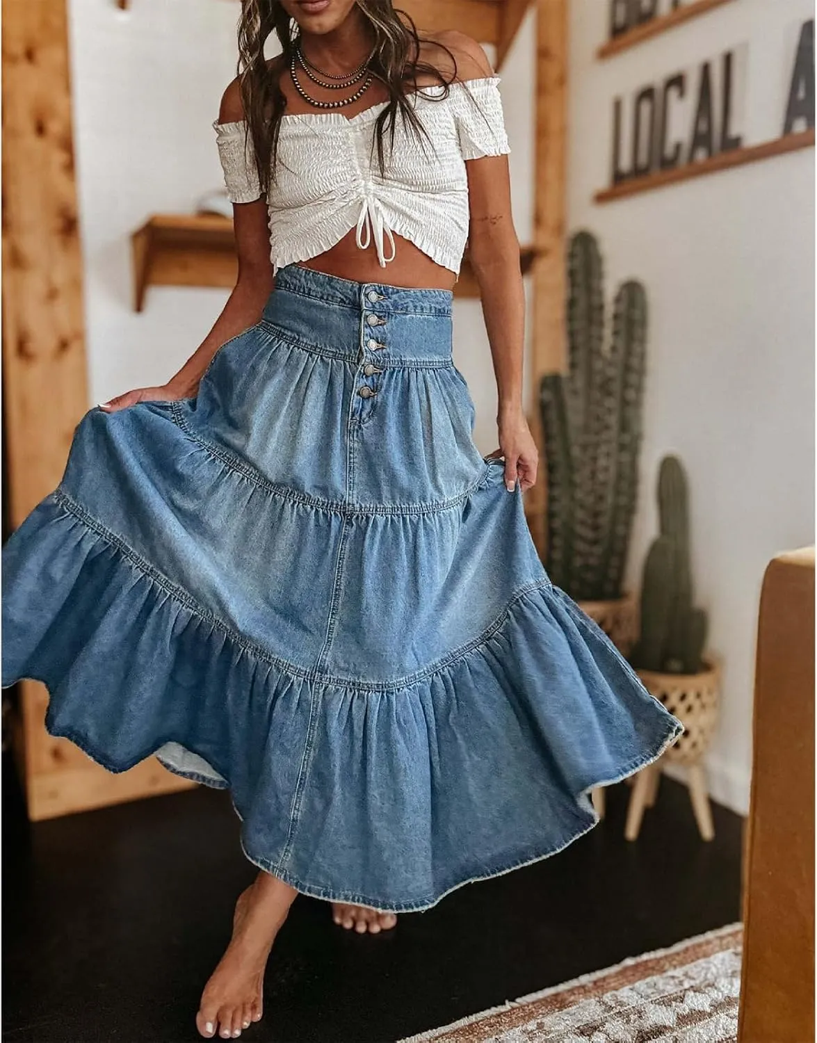 Women Summer Denim Maxi Skirt High Waist Button Pleated Tiered Ruffle Swing A-Line Jean Long Skirt Club Streetwear