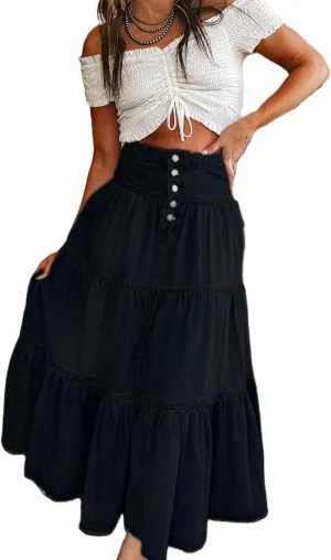Women Summer Denim Maxi Skirt High Waist Button Pleated Tiered Ruffle Swing A-Line Jean Long Skirt Club Streetwear