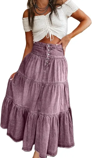Women Summer Denim Maxi Skirt High Waist Button Pleated Tiered Ruffle Swing A-Line Jean Long Skirt Club Streetwear