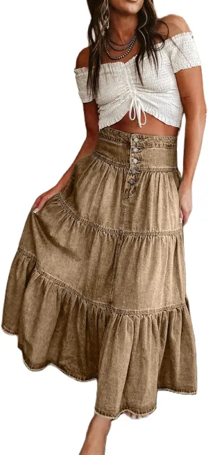Women Summer Denim Maxi Skirt High Waist Button Pleated Tiered Ruffle Swing A-Line Jean Long Skirt Club Streetwear