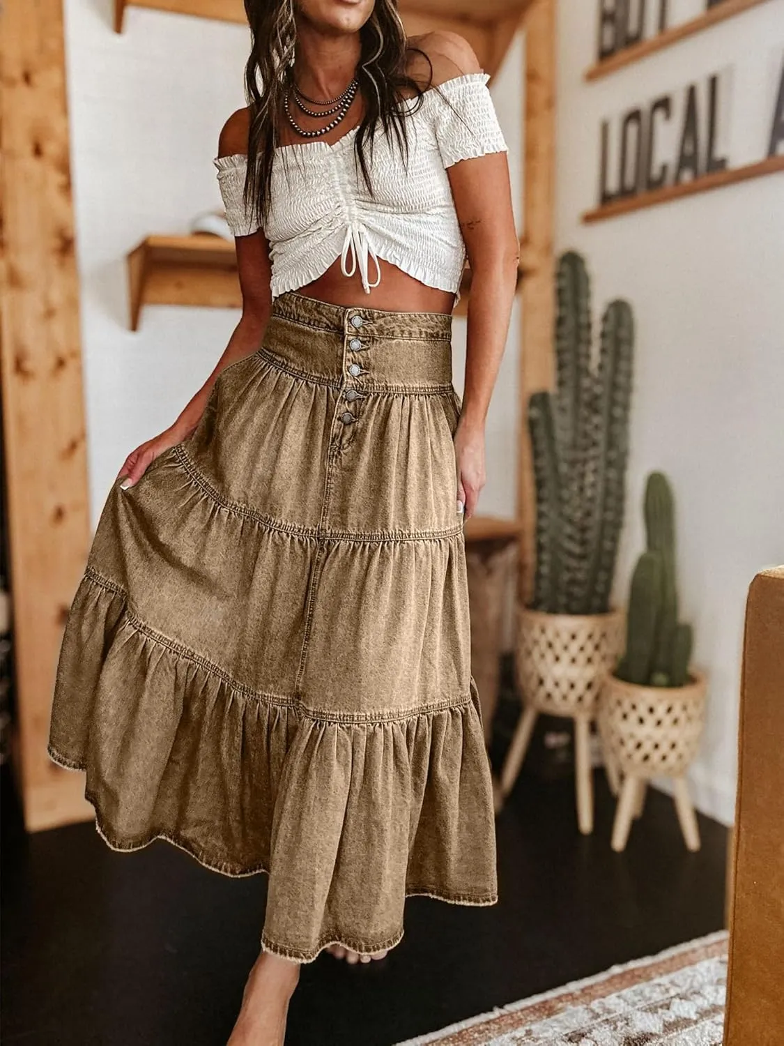 Women Summer Denim Maxi Skirt High Waist Button Pleated Tiered Ruffle Swing A-Line Jean Long Skirt Club Streetwear