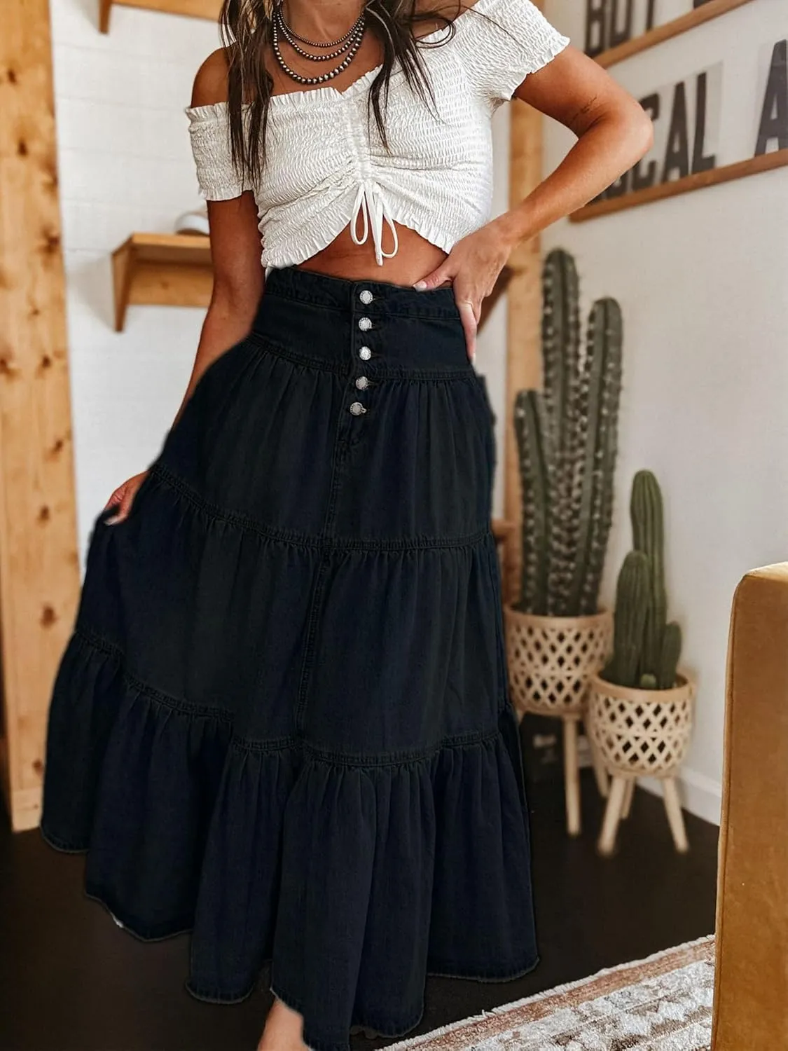Women Summer Denim Maxi Skirt High Waist Button Pleated Tiered Ruffle Swing A-Line Jean Long Skirt Club Streetwear