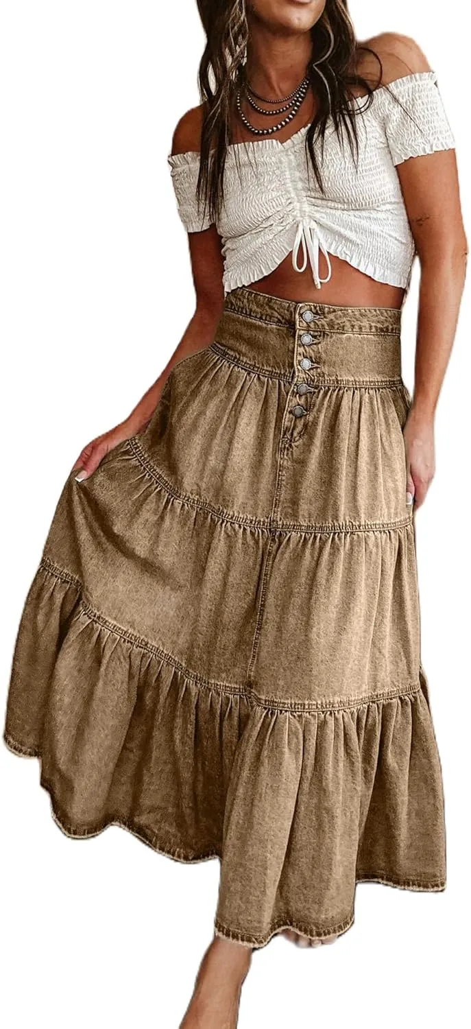 Women Summer Denim Maxi Skirt High Waist Button Pleated Tiered Ruffle Swing A-Line Jean Long Skirt Club Streetwear