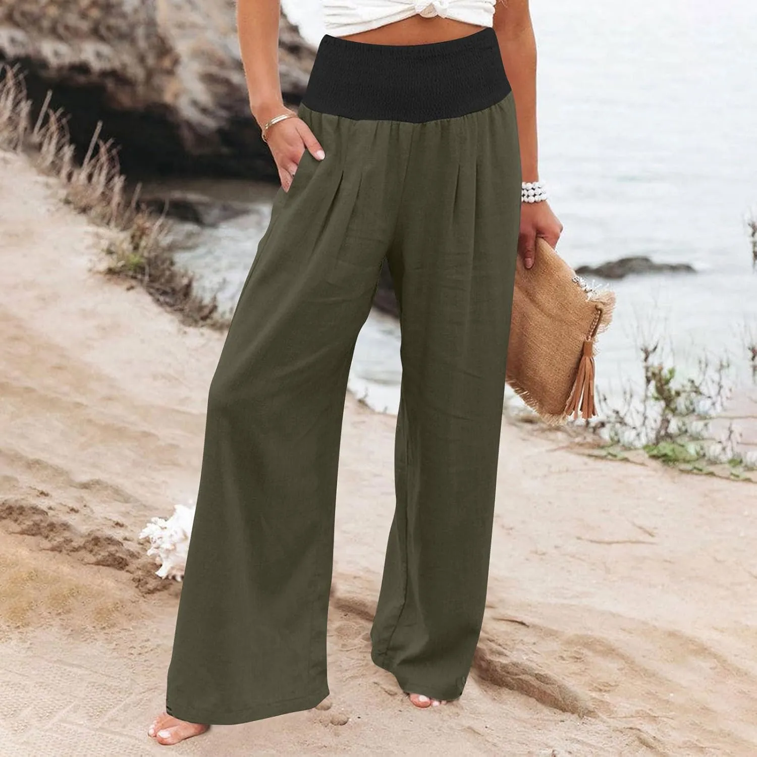 Women Summer Palazzo Pants High Waisted Cotton Linen Pant High Waisted Wide Leg Pants Boho Lounge Trousers