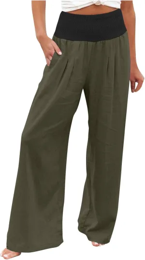 Women Summer Palazzo Pants High Waisted Cotton Linen Pant High Waisted Wide Leg Pants Boho Lounge Trousers