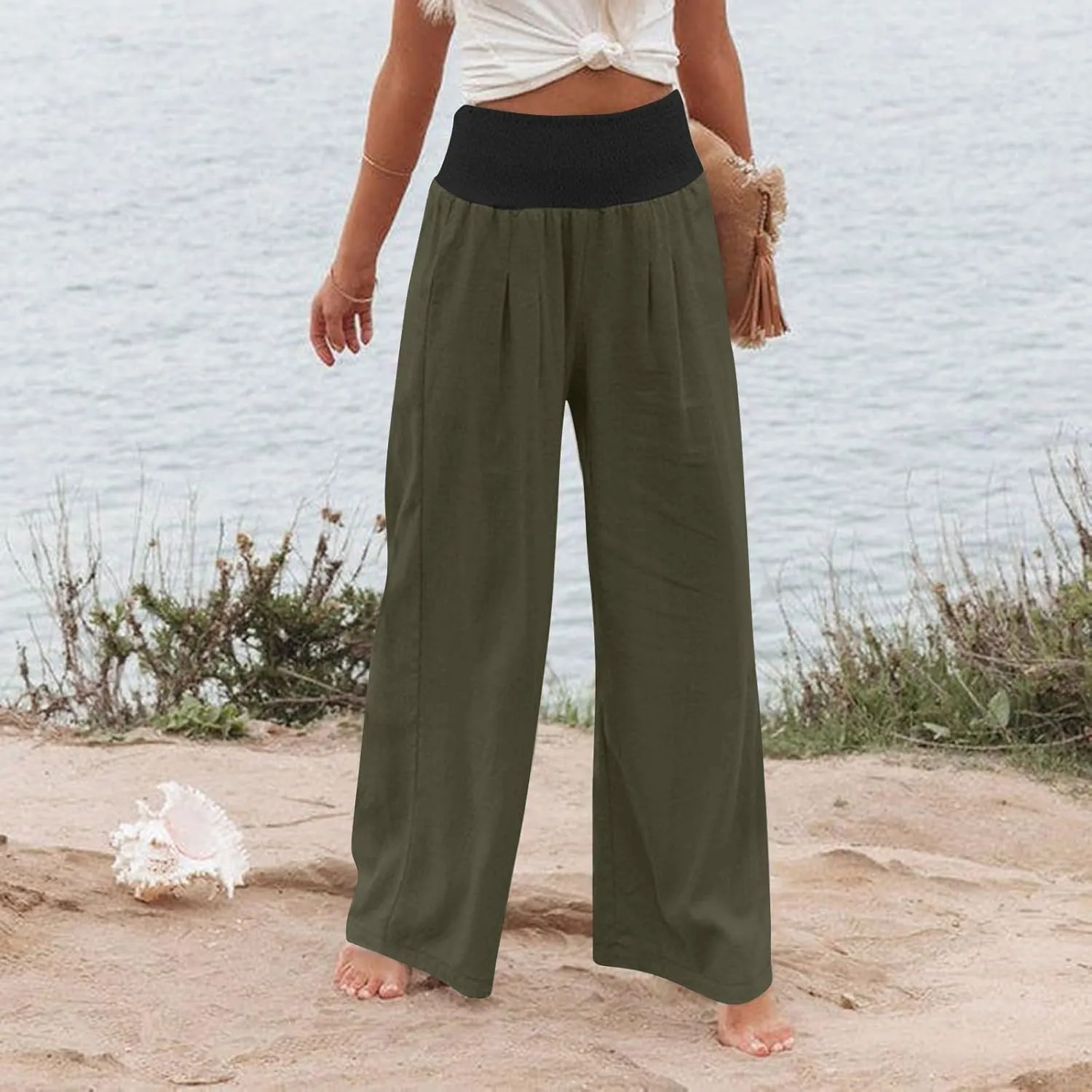 Women Summer Palazzo Pants High Waisted Cotton Linen Pant High Waisted Wide Leg Pants Boho Lounge Trousers