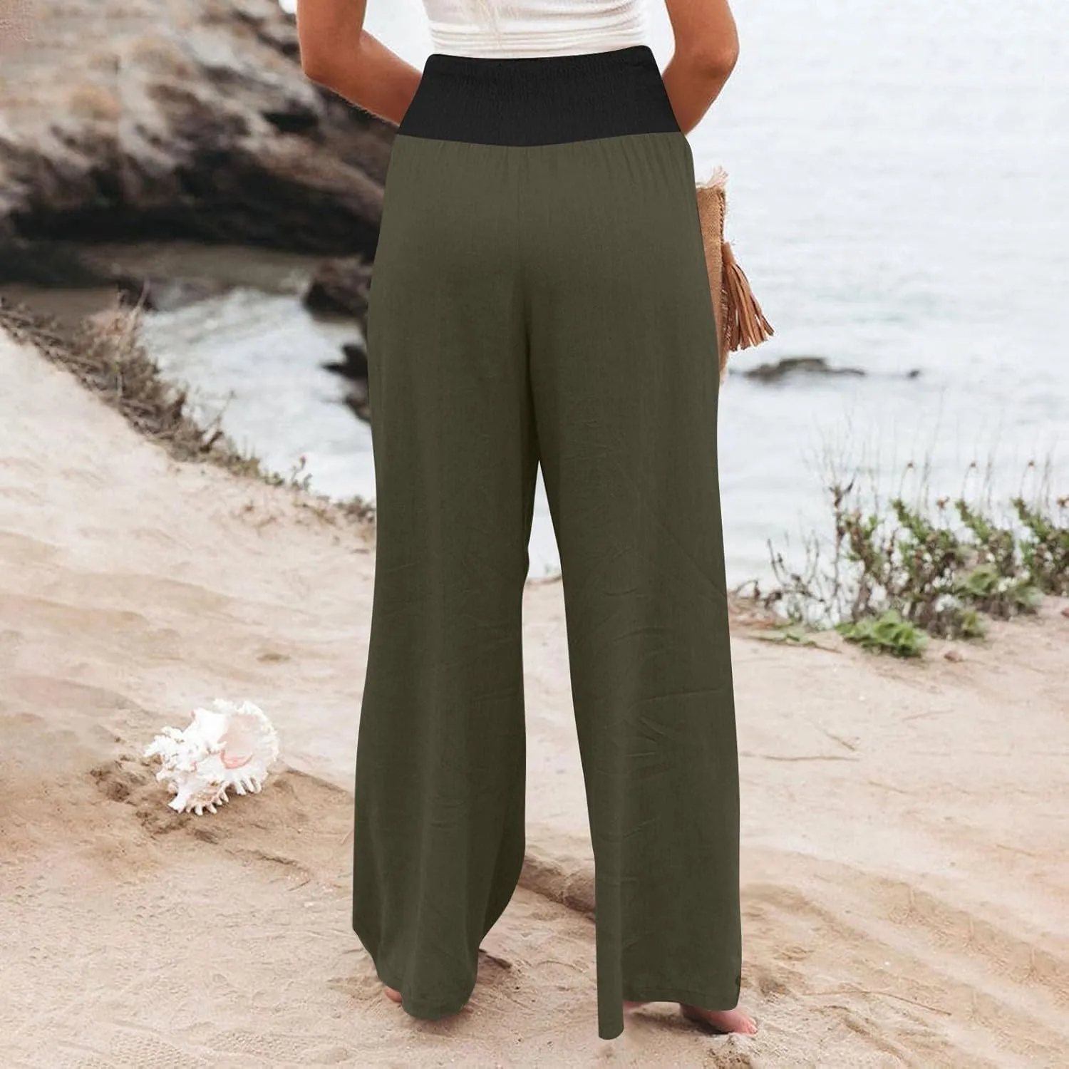 Women Summer Palazzo Pants High Waisted Cotton Linen Pant High Waisted Wide Leg Pants Boho Lounge Trousers