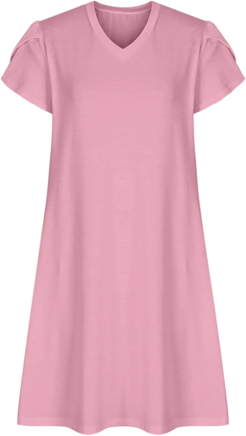 Women Summer Petal Sleeve Dress A-Line Mini Dresses Casual Floral T-Shirt Dress Flowy Beach Short Sundress with Pocket