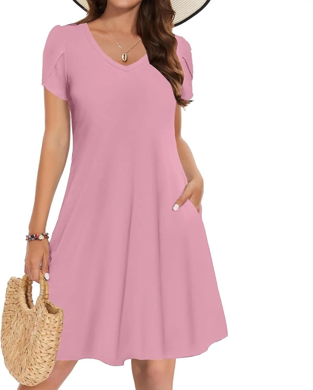 Women Summer Petal Sleeve Dress A-Line Mini Dresses Casual Floral T-Shirt Dress Flowy Beach Short Sundress with Pocket