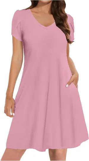 Women Summer Petal Sleeve Dress A-Line Mini Dresses Casual Floral T-Shirt Dress Flowy Beach Short Sundress with Pocket