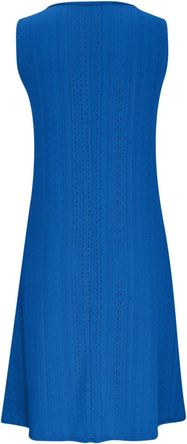 Women V Neck Eyelet Dresses Sleeveless Knee Length Tank Dress 2025 Summer Casual Tunic Sun Dress Vacation Beach Dress