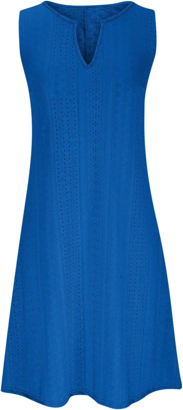 Women V Neck Eyelet Dresses Sleeveless Knee Length Tank Dress 2025 Summer Casual Tunic Sun Dress Vacation Beach Dress