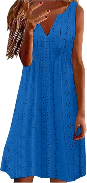 Women V Neck Eyelet Dresses Sleeveless Knee Length Tank Dress 2025 Summer Casual Tunic Sun Dress Vacation Beach Dress