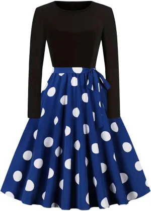 Women Vintage Polka Dot 1950s Audrey Retro Rockabilly Prom Dress Causal Long Sleeve Ruffle Club Party Cocktail Dress