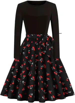 Women Vintage Polka Dot 1950s Audrey Retro Rockabilly Prom Dress Causal Long Sleeve Ruffle Club Party Cocktail Dress