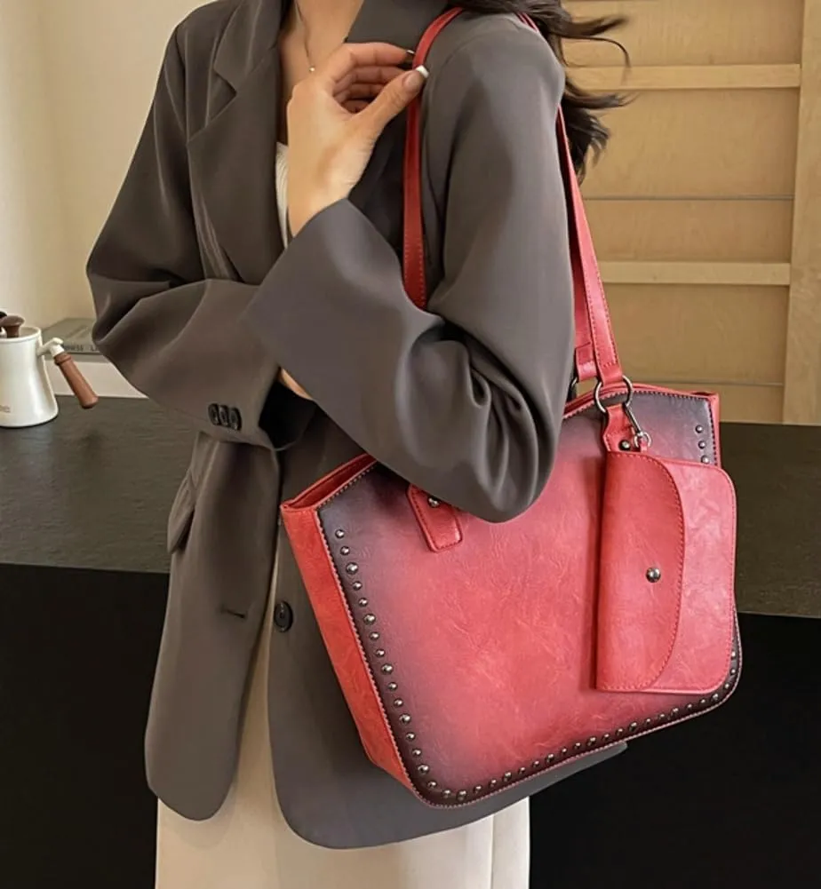 Women Vintage Tote Bag Purse Set Chic Shoulder Top Handle Handbag Faux Leather Hobo Bag