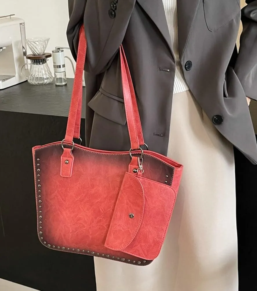 Women Vintage Tote Bag Purse Set Chic Shoulder Top Handle Handbag Faux Leather Hobo Bag