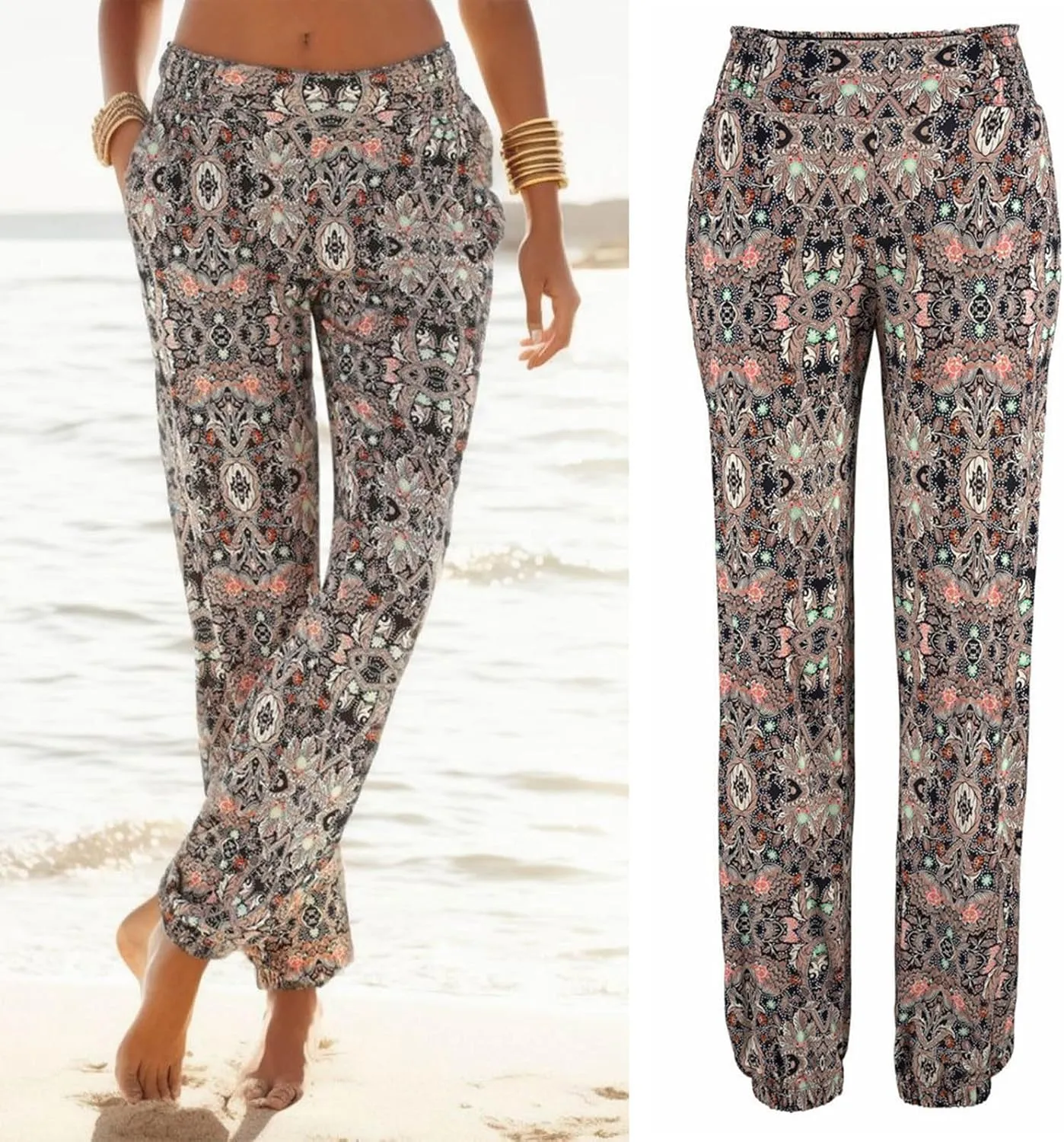Women Wide Leg High Waist Drawstring Palazzo Pants Casual Summer Flowy Boho Beach Harem Slacks Printed Linen Trousers