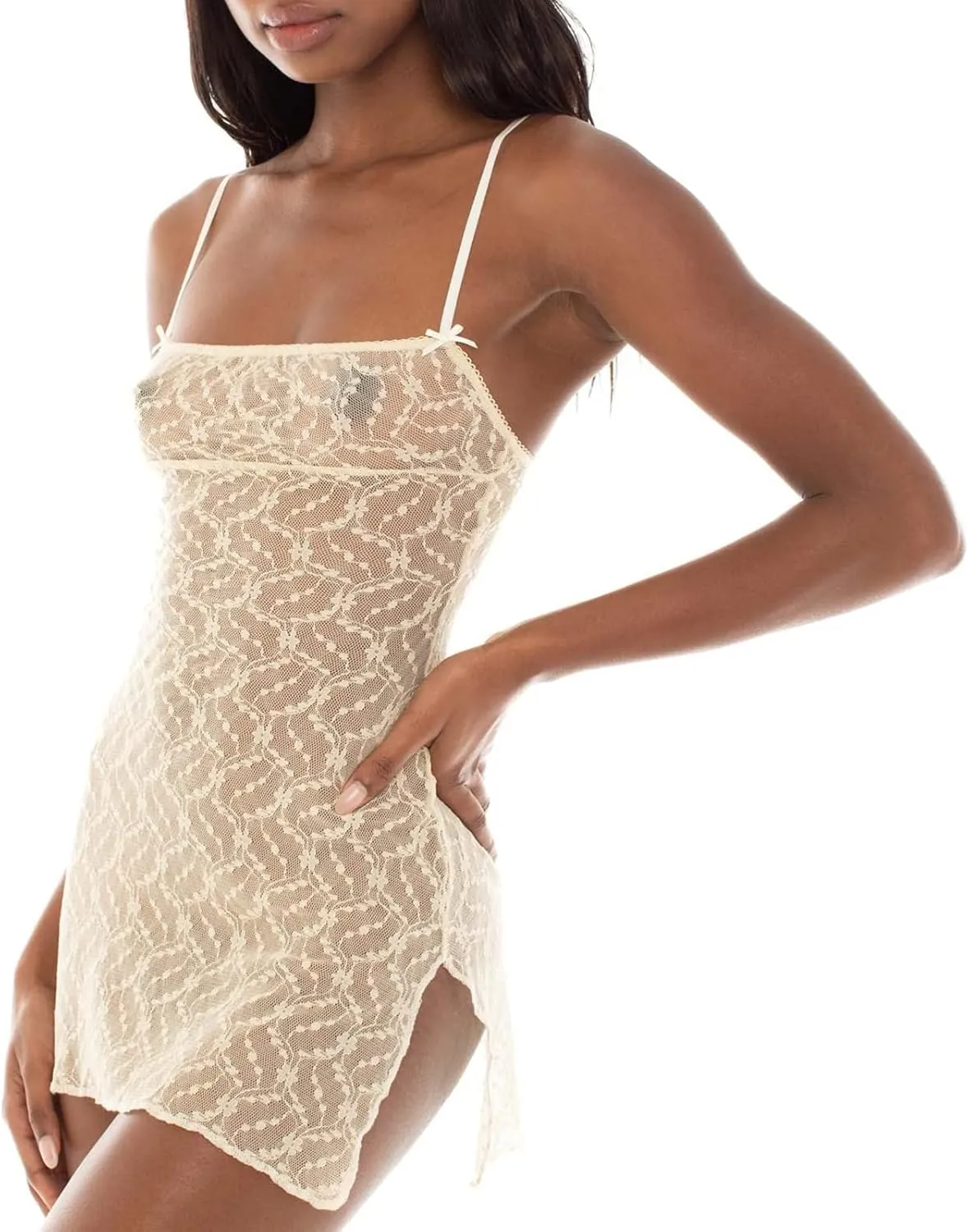 Women Y2K Sheer Lace Mini Dress Spaghetti Strap Low Cut Bodycon Dress See Through Short Dress Backless Party Dresses