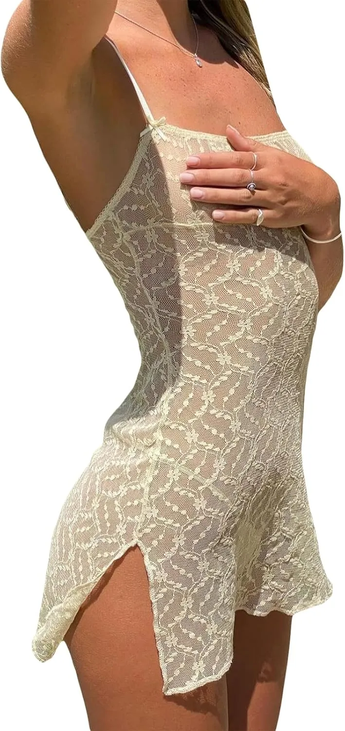 Women Y2K Sheer Lace Mini Dress Spaghetti Strap Low Cut Bodycon Dress See Through Short Dress Backless Party Dresses