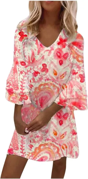 Womens 3/4 Bell Sleeve V Neck Elegant Mini Dress Floral Printed Beachwear Temperament Casual Resort Dress