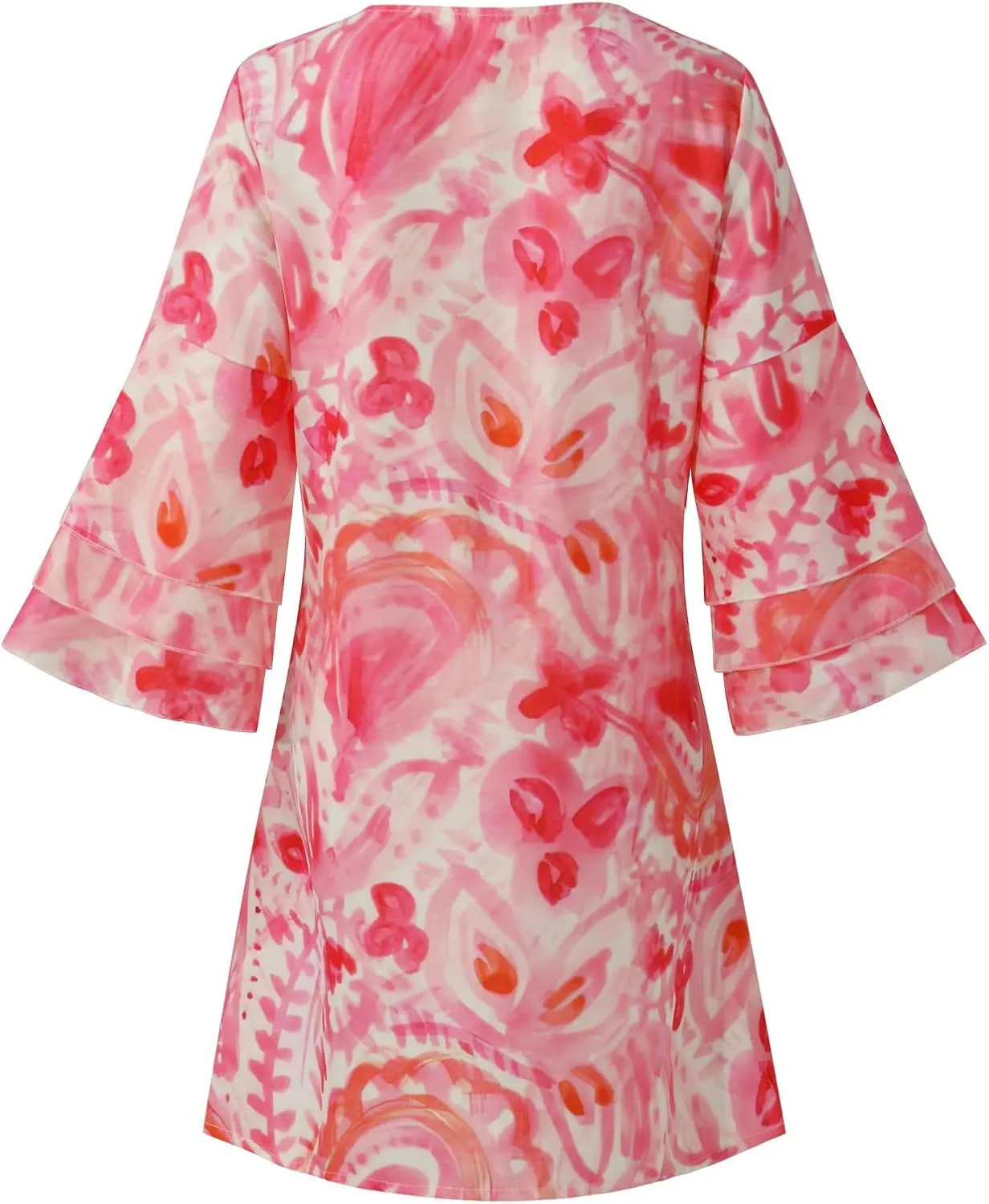 Womens 3/4 Bell Sleeve V Neck Elegant Mini Dress Floral Printed Beachwear Temperament Casual Resort Dress
