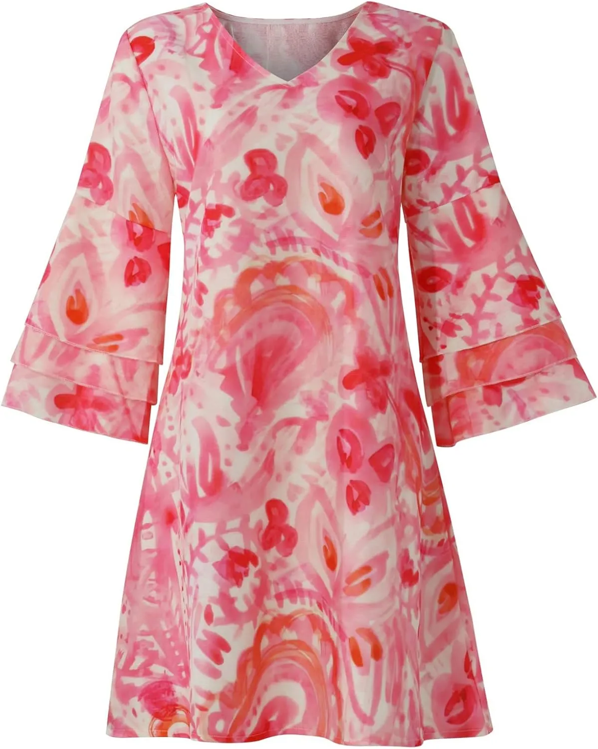 Womens 3/4 Bell Sleeve V Neck Elegant Mini Dress Floral Printed Beachwear Temperament Casual Resort Dress