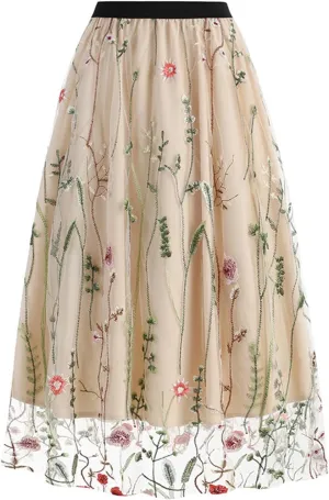 Women's 3D Embroidered Double-Layered Mesh Midi Skirt High Waist Pleated Skirt Midi Swing Skirt A-Line Vintage Skirts