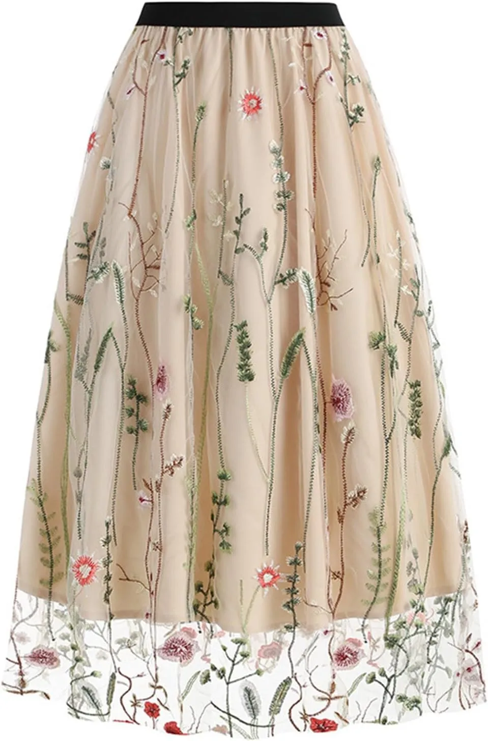 Women's 3D Embroidered Double-Layered Mesh Midi Skirt High Waist Pleated Skirt Midi Swing Skirt A-Line Vintage Skirts