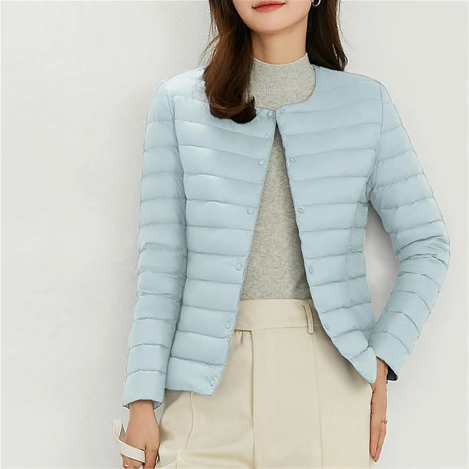 Women'S 90 White Duck Down Lightweight Round Neck V Neck Can Be Changed Short Slim Fit Warm Jacket Long