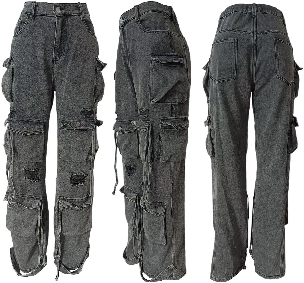Women's Baggy Cargo Jean High Waisted Y2K Distressed Wide Leg Denim Pants with Multi Pockets Streetwear