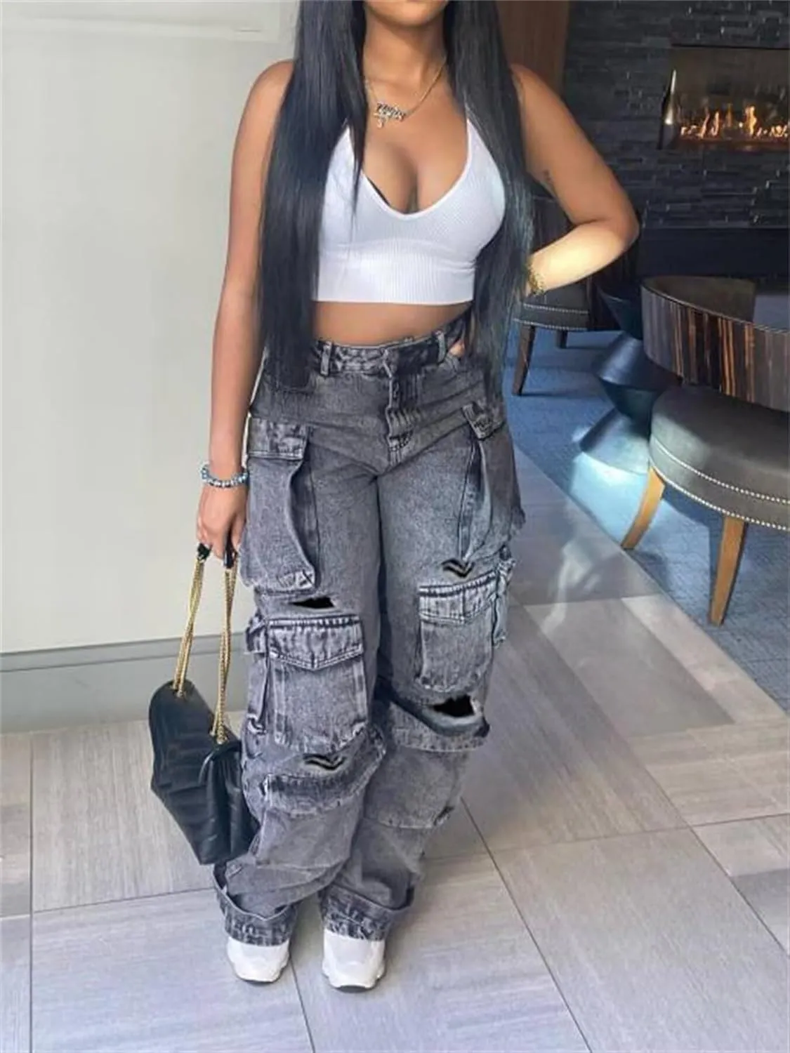 Women's Baggy Cargo Jean High Waisted Y2K Distressed Wide Leg Denim Pants with Multi Pockets Streetwear