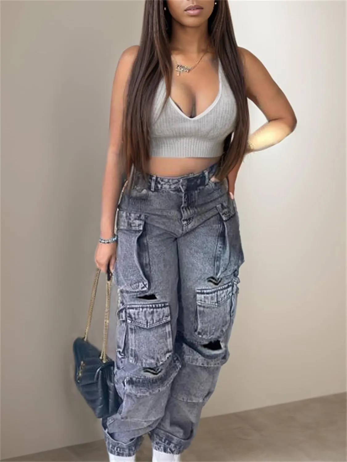 Women's Baggy Cargo Jean High Waisted Y2K Distressed Wide Leg Denim Pants with Multi Pockets Streetwear