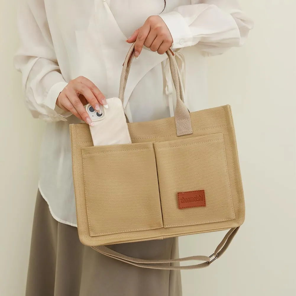 Women's Canvas Tote Bags Large Capacity Messenger Bag Durable Multi-Pocket Shoulder Hobo Bag