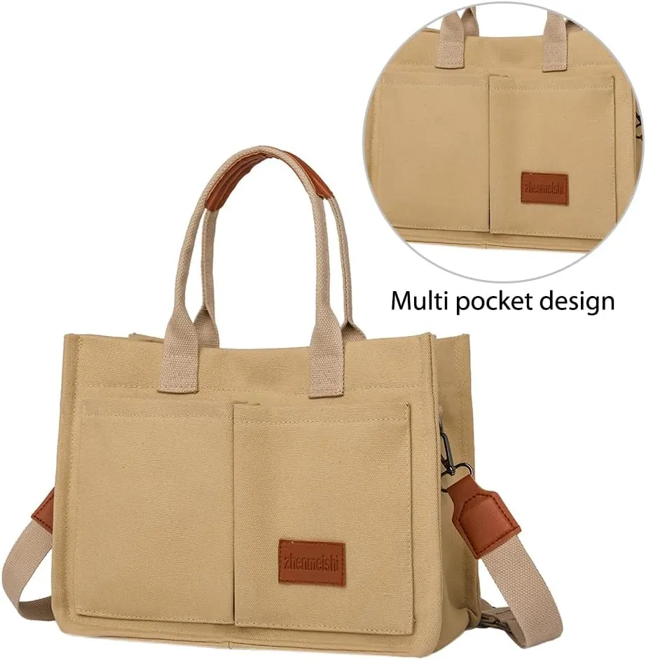 Women's Canvas Tote Bags Large Capacity Messenger Bag Durable Multi-Pocket Shoulder Hobo Bag