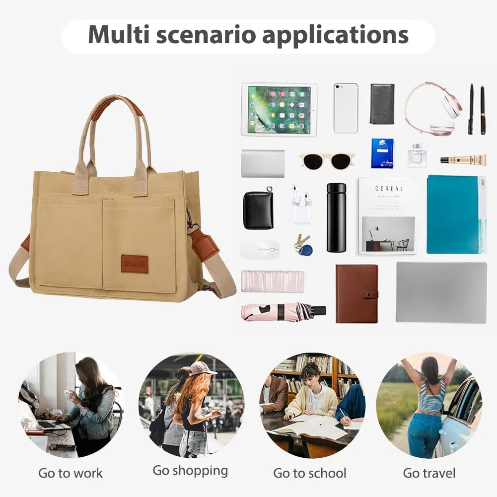Women's Canvas Tote Bags Large Capacity Messenger Bag Durable Multi-Pocket Shoulder Hobo Bag