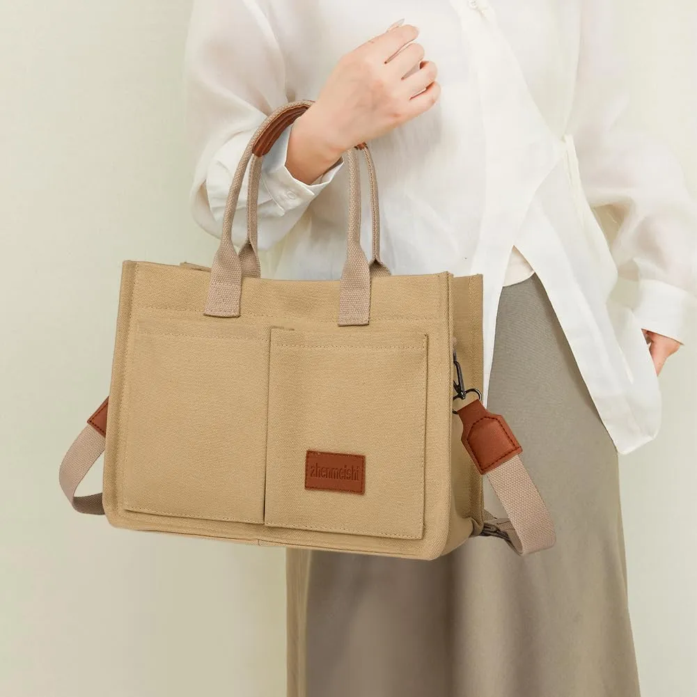 Women's Canvas Tote Bags Large Capacity Messenger Bag Durable Multi-Pocket Shoulder Hobo Bag