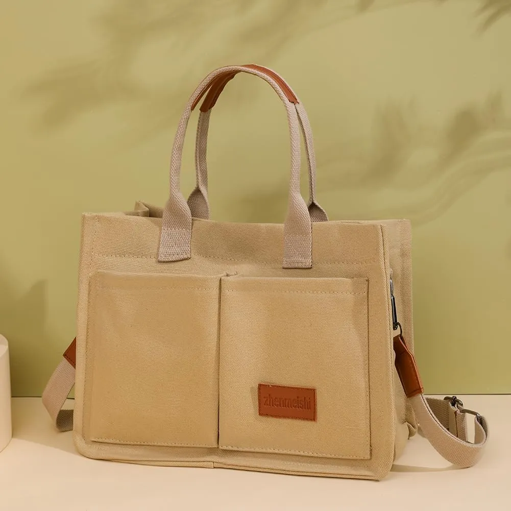 Women's Canvas Tote Bags Large Capacity Messenger Bag Durable Multi-Pocket Shoulder Hobo Bag