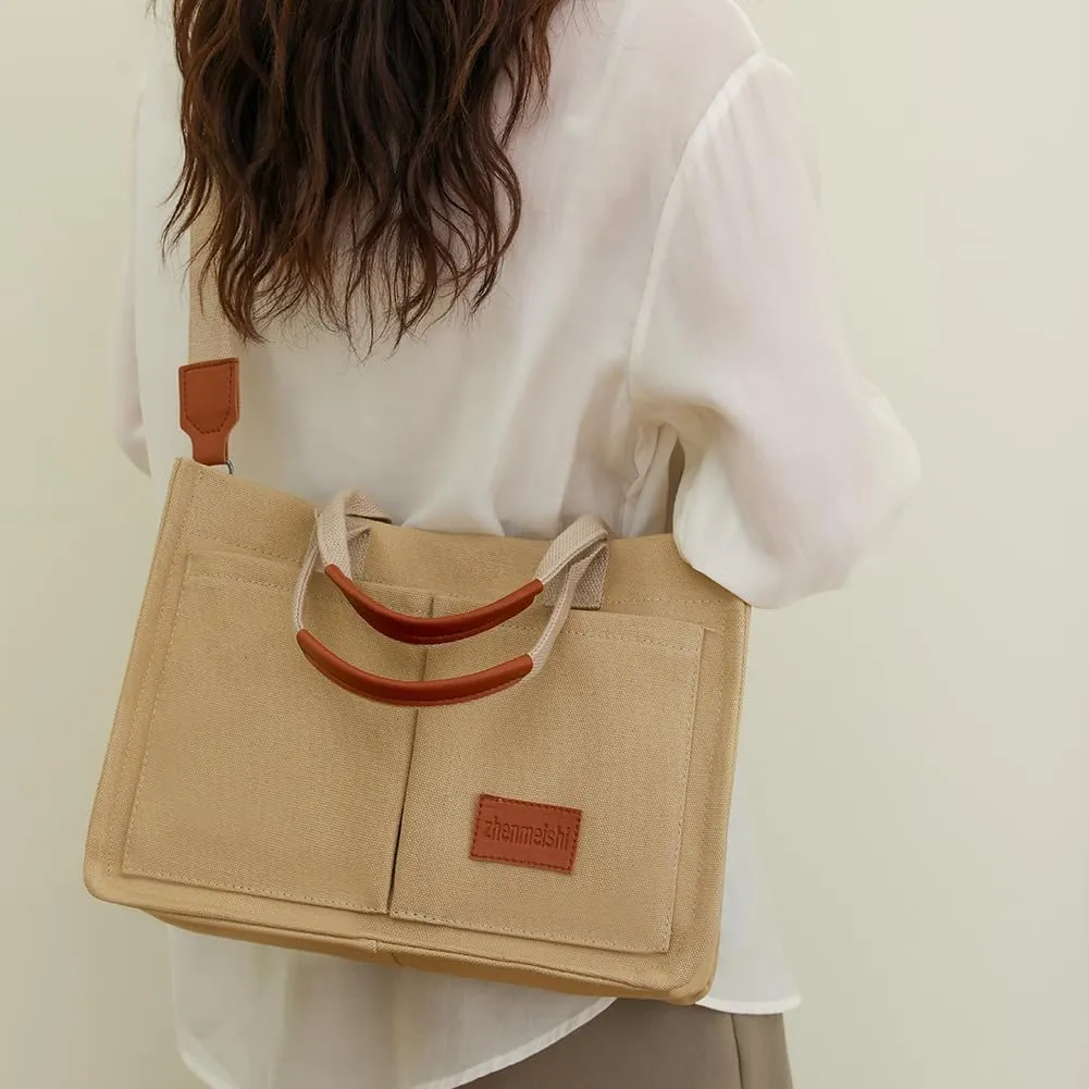 Women's Canvas Tote Bags Large Capacity Messenger Bag Durable Multi-Pocket Shoulder Hobo Bag